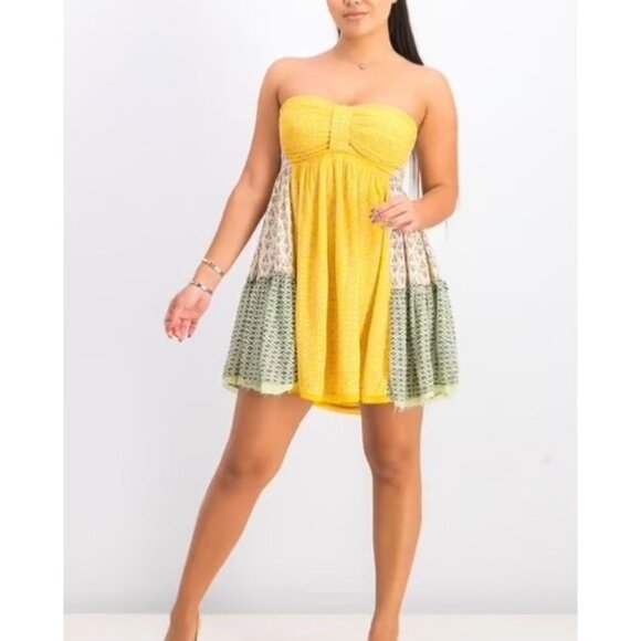 Free People Tops - FREE PEOPLE Across The Sea Tunic Sz L Floral Yellow Green Colorblock Sweetheart